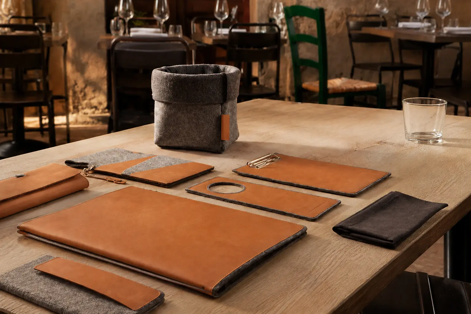 Voorbeelden van menukaart, placemat, tafelaccessoires en servetring