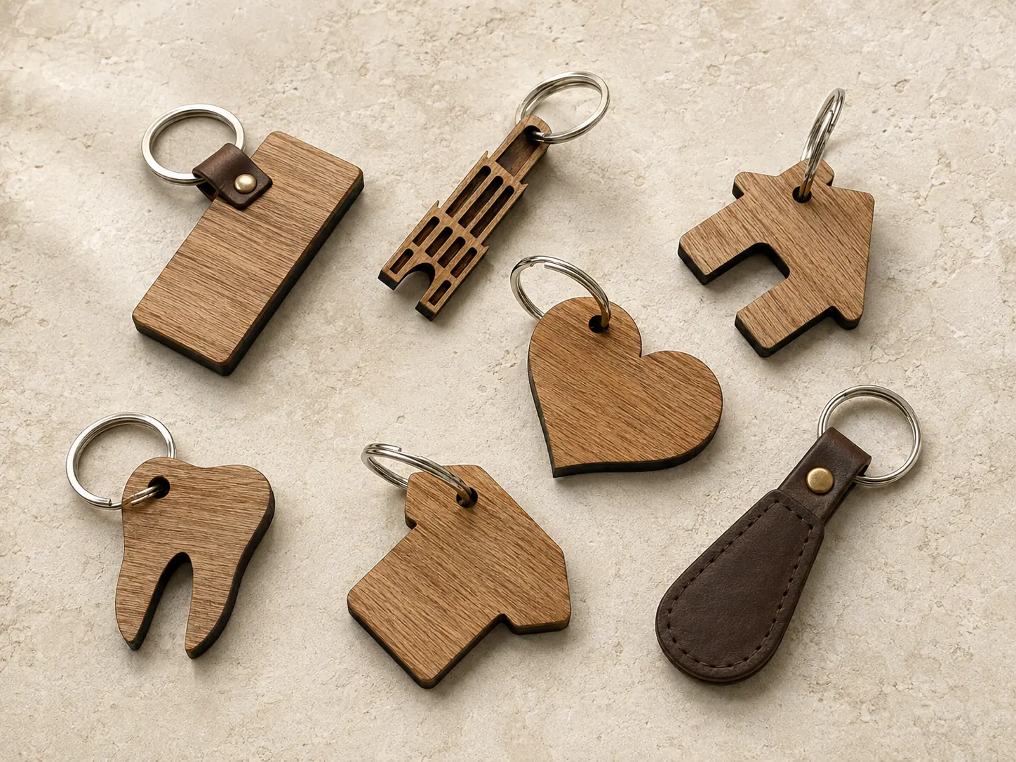Collectie houten en leren sleutelhangers in verschillende vormen
