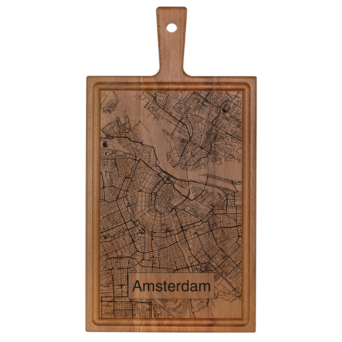 Houten plank met gegraveerde kaart van Amsterdam