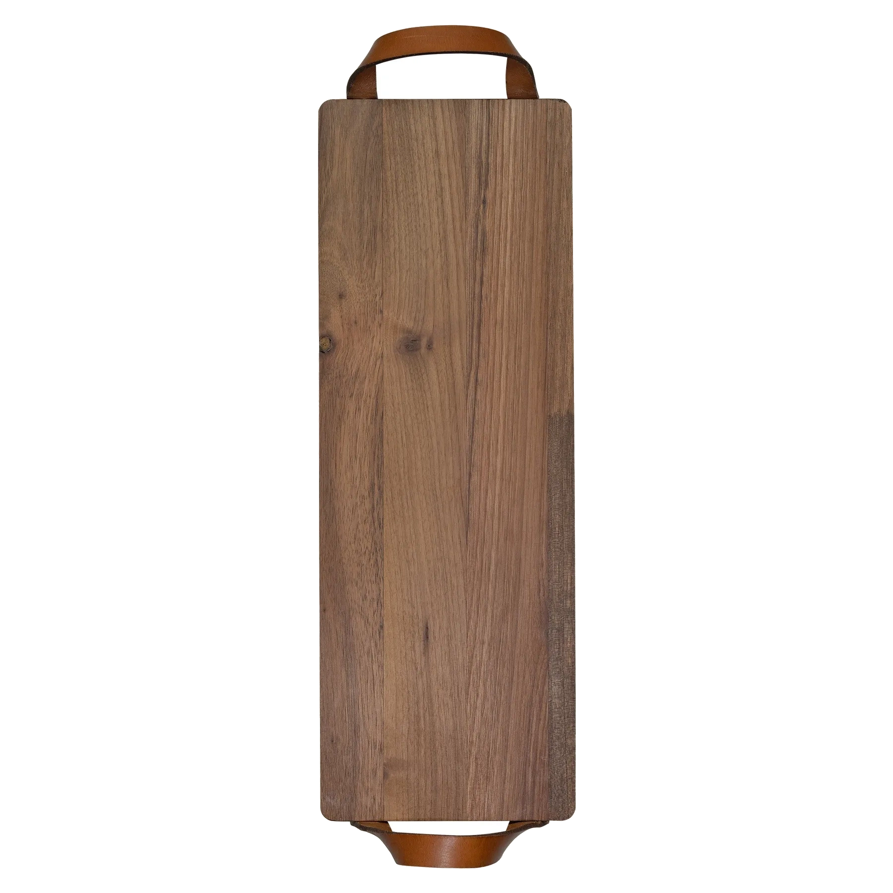 Plank met leren handvaten walnoot 48x17 cm – productfoto