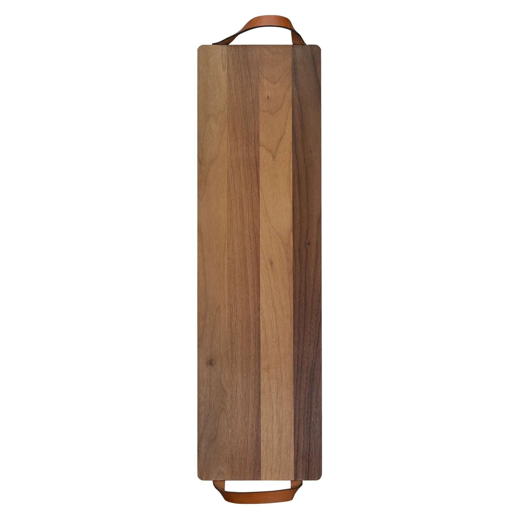 Plank met leren handvaten walnoot 69x19 cm – productfoto