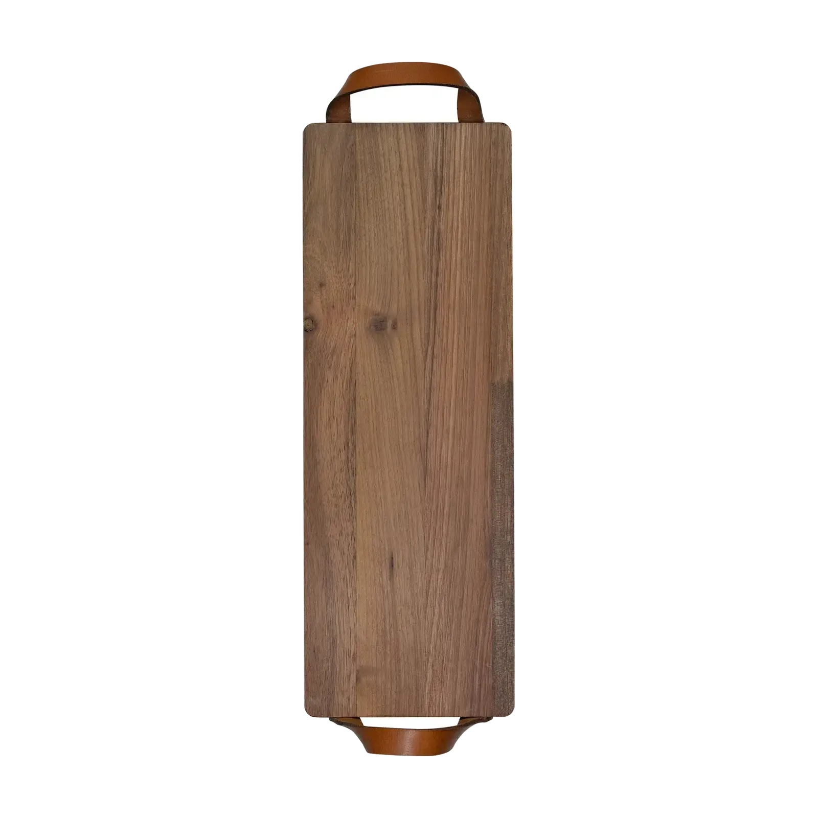 Plank met leren handvaten walnoot 48x17 cm – productfoto