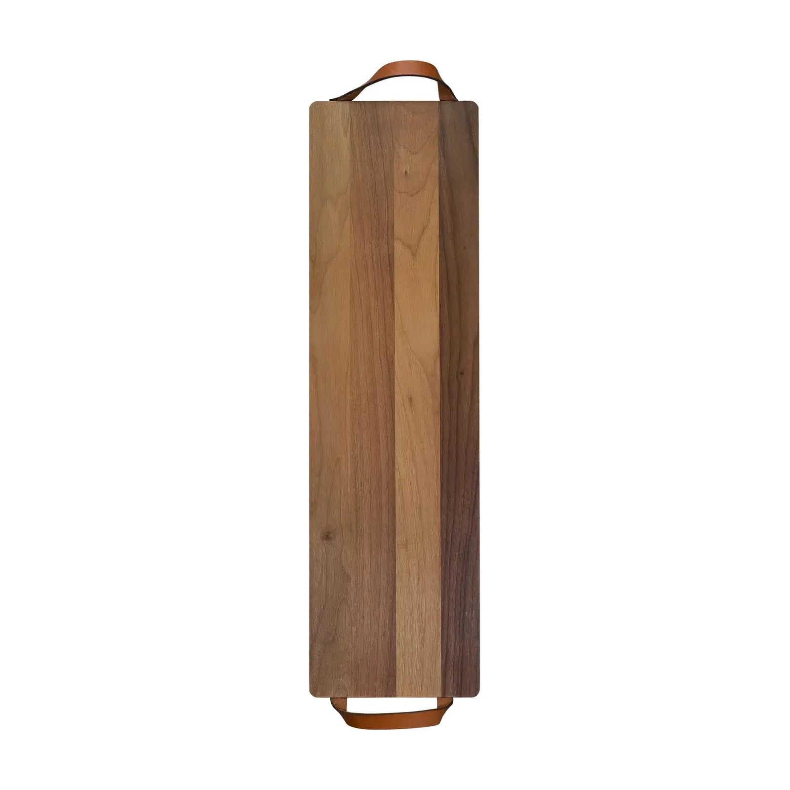 Plank met leren handvaten walnoot 69x19 cm – productfoto